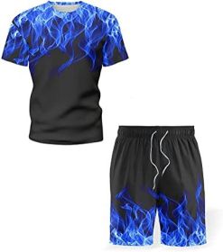 Men's Short-sleeved T-shirt Running Loose Casual Flame Print Sports Suit (Specification: BLUE-L)