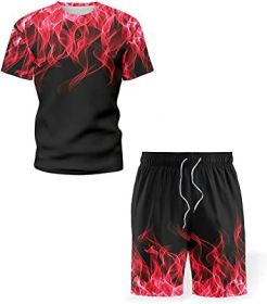 Men's Short-sleeved T-shirt Running Loose Casual Flame Print Sports Suit (Specification: RED-XXL)