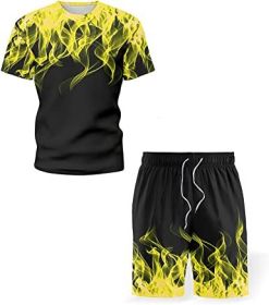 Men's Short-sleeved T-shirt Running Loose Casual Flame Print Sports Suit (Specification: YELLOW-3XL)