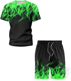 Men's Short-sleeved T-shirt Running Loose Casual Flame Print Sports Suit (Specification: GREEN-XXL)