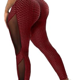 Honeycomb Mesh Contrast Leggings, Sporty Skinny High Waist Lifting Yoga Leggings, Women's Clothing (Color: Burgundy, size: S(4))