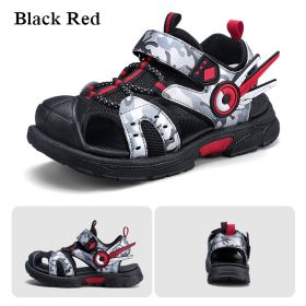 Kids Sandals for Boys 2022 Summer Children Fashion Hollow Shoes Camouflage Pattern Toddler Boys Sports Sandals Non-Slip Slippers (Color: Black red, size: 35)