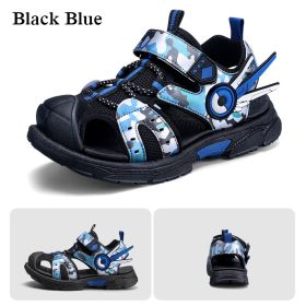 Kids Sandals for Boys 2022 Summer Children Fashion Hollow Shoes Camouflage Pattern Toddler Boys Sports Sandals Non-Slip Slippers (Color: Black Blue, size: 33)