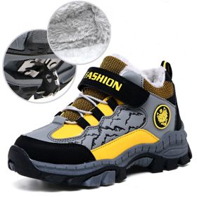 FLARUT Kids Winter Shoes Boys Hiking Shoes Plus Fur Warm Sport Running Shoes Waterproof Non-slip Outdoor Soft Climbing Sneakers (Color: yellow snow boot boy, size: 4.5)