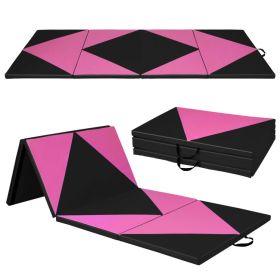 4-Panel PU Leather Folding Exercise Gym Mat with Hook and Loop Fasteners (Color: Black & Pink)